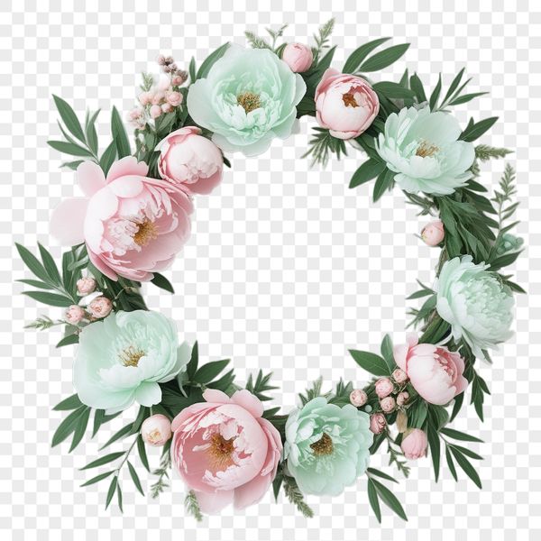 A floral wreath made with colorful flowers and foliage elements in high resolution PNG format.