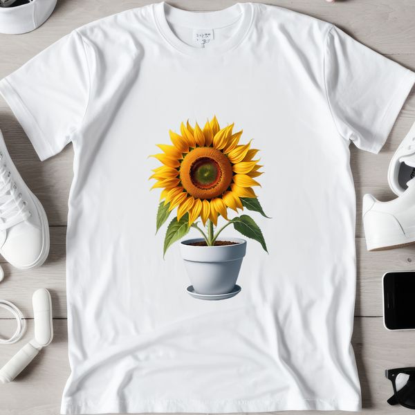 Delicate Sunflower in Minimalist Pot A transparent PNG flower illustration featuring a large, detailed sunflower in a minimalist pot setting.