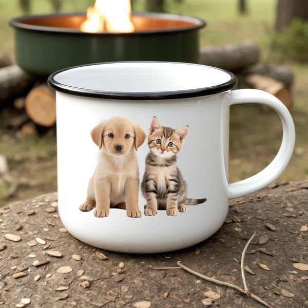 A cute, mixed-breed puppy kitten sitting on a flat surface with a clear background.