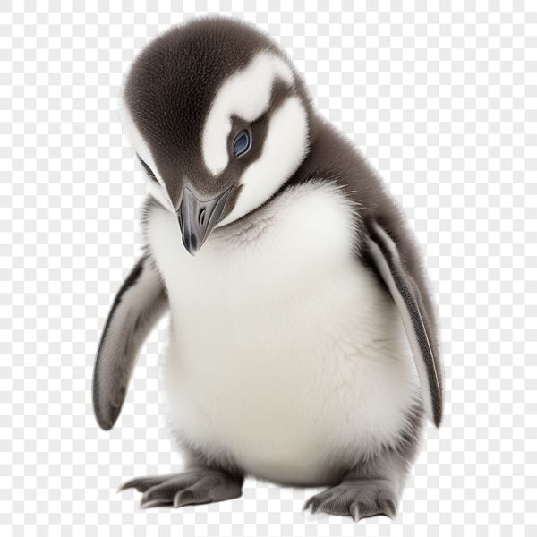 A young baby penguin stands on a clear white background, ready for sublimation or printing.