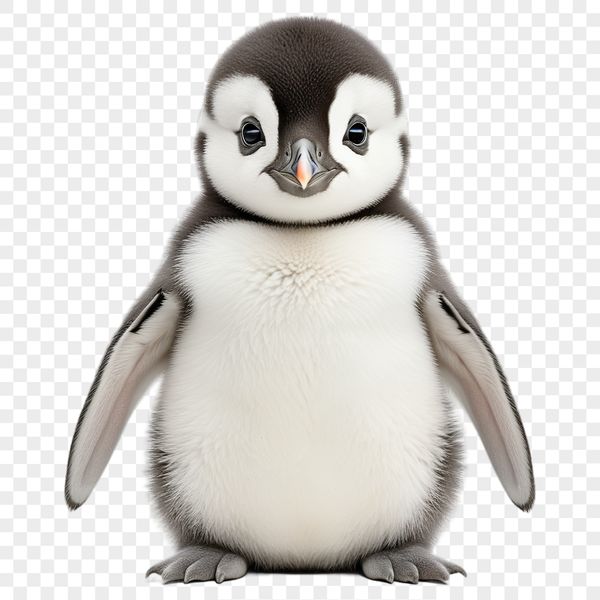 A small, adorable baby penguin standing on a rocky shore, looking up with curious eyes.
