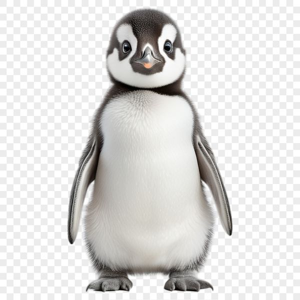 A small, adorable penguin chick stands on its feet, waddling along in the snow.