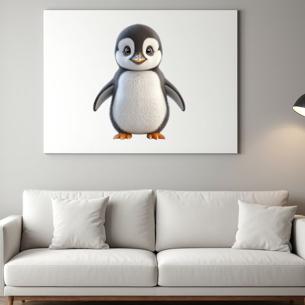 A small, endearing penguin chick standing on the ground, with a clear background.