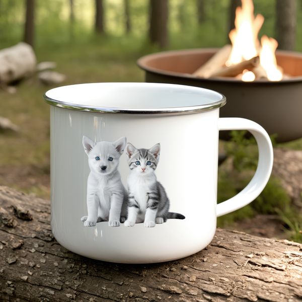 A cute illustration of a mixed breed puppy and kitten sitting together.