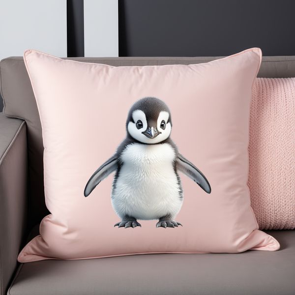 Fluffy Penguin Chick on White Background A cute penguin chick with fluffy feathers and a small beak, sitting on a white background.