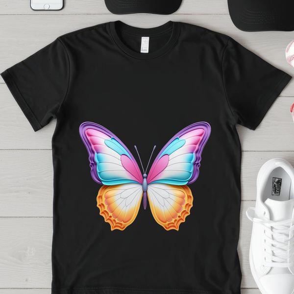 A colorful butterfly with intricate patterns on its wings, set against a clear transparent background.