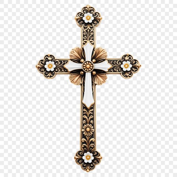 A transparent PNG image of a traditional crucifix with intricate details, suitable for sublimation or print.