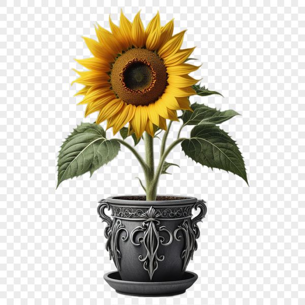 A high-resolution transparent PNG image of a single sunflower in full bloom, standing tall in a clear background.