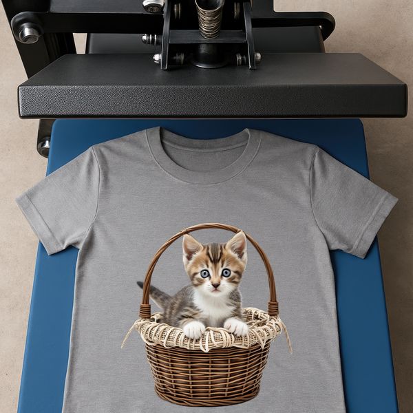 A clear background transparent PNG image of a cute kitten sitting in a woven basket.
