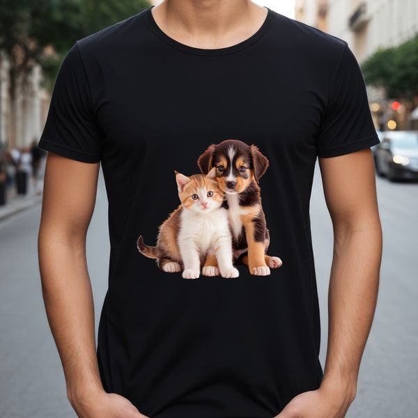 A high-resolution illustration of a puppy and kitten together on a transparent background.