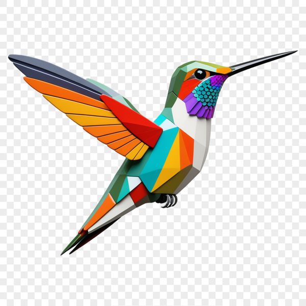 A close-up of a hummingbird in flight, showing its iridescent feathers against a clear background.