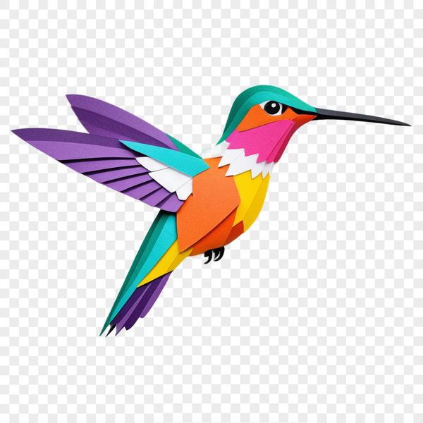 A colorful hummingbird in flight, with its iridescent feathers visible against a clear background.