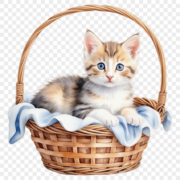 A colorful kitten sitting in a woven basket with a clear background, suitable for high-resolution printing or digital use.