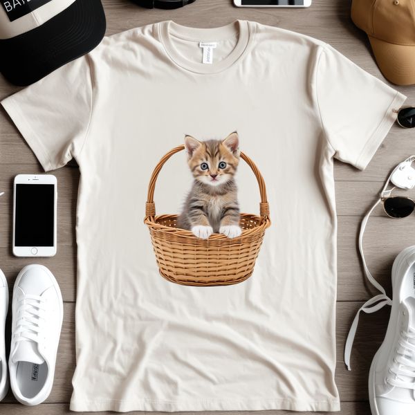A high-resolution transparent PNG image of a cute kitten sitting inside a wicker basket.