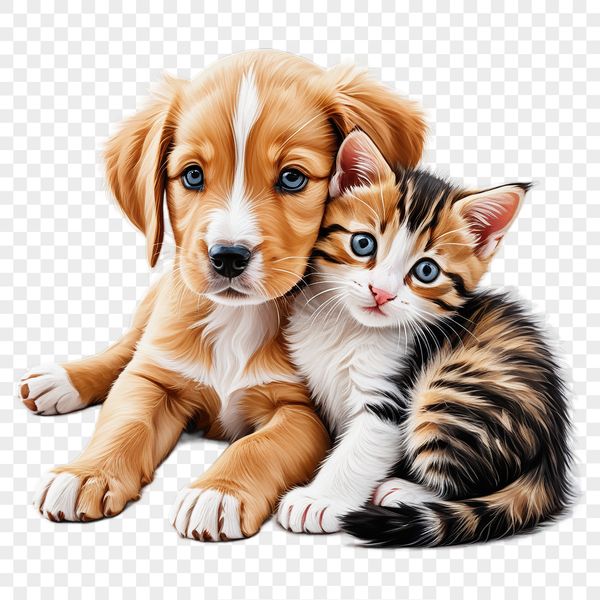 A transparent PNG image of a cute puppy kitten combination, suitable for commercial or personal use.