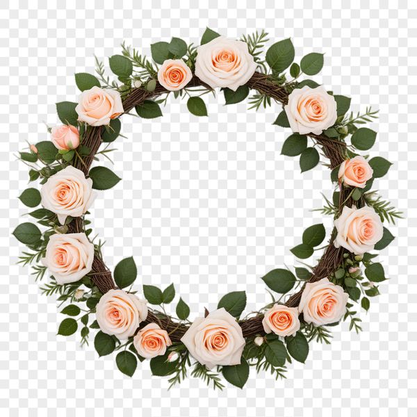 A floral wreath made with various flowers and greenery on a clear background.