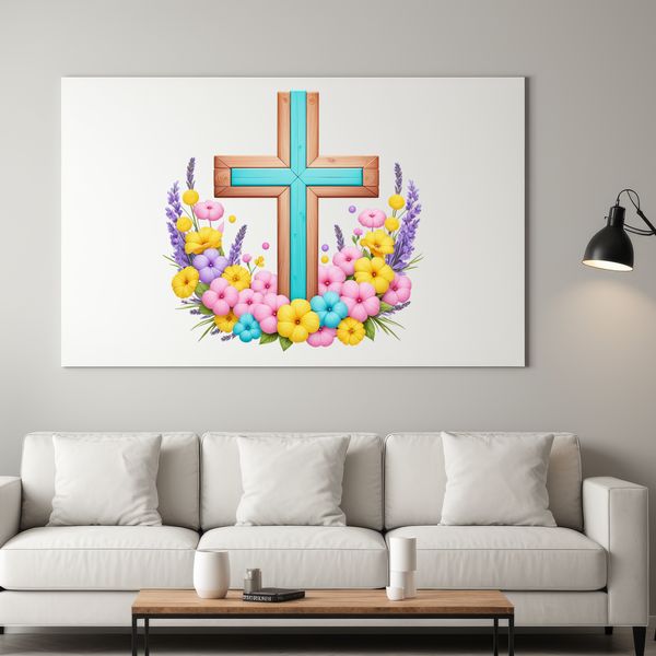 A high-resolution transparent image of a simple cross with floral motifs on a clear background.