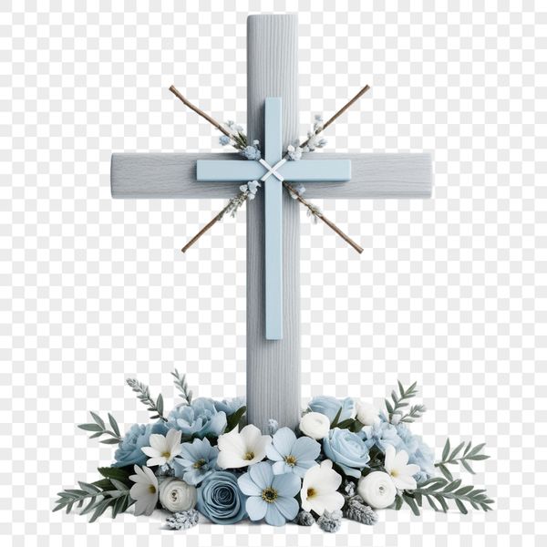 A Simple White Cross with Floral Accents A transparent PNG image of a simple white wooden cross with floral elements.
