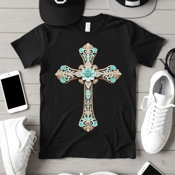 Beautiful Cross Clipart Image A transparent PNG image of a cross with floral patterns on it.