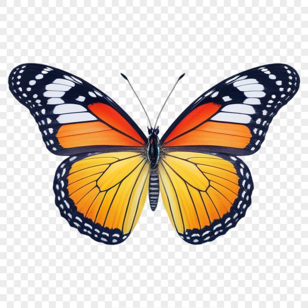 A transparent PNG image of a colorful butterfly against a clear background.