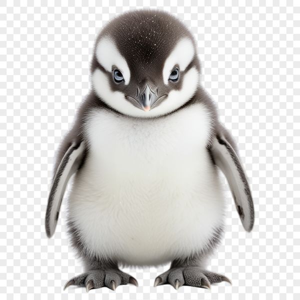 A cute baby penguin standing on the ice, suitable for print and commercial use.