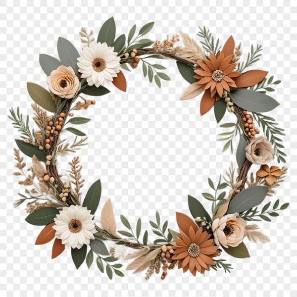Sublimation Friendly Transparent Wreath Clip Art A floral wreath made from various flowers, ideal for sublimation printing or as a clip art template.