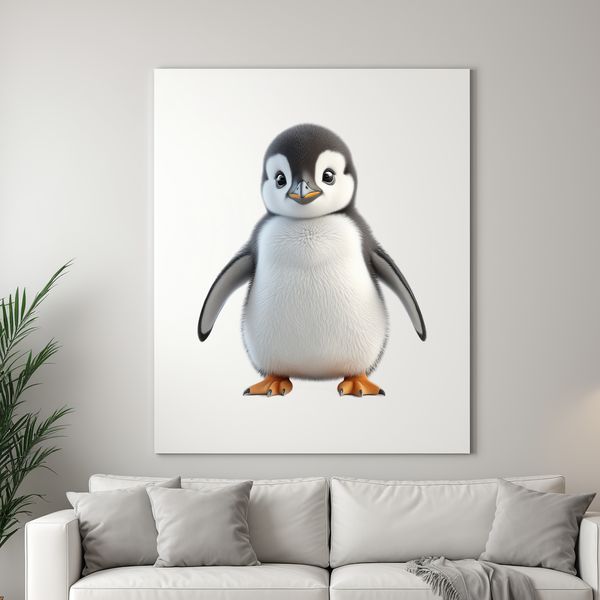 Small Bird Stands Alone on Frozen Tundra A small penguin chick standing on the ice, with a clear background.