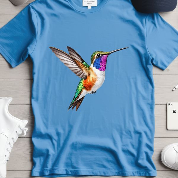 Colorful Bird in Flight PNG A close-up photo of a hummingbird in flight, with a clear background and high resolution details.
