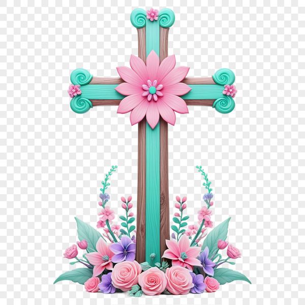 Decorative Cross with Floral Pattern A clear background Crucifix in PNG format with a simple floral design incorporated into the cross.