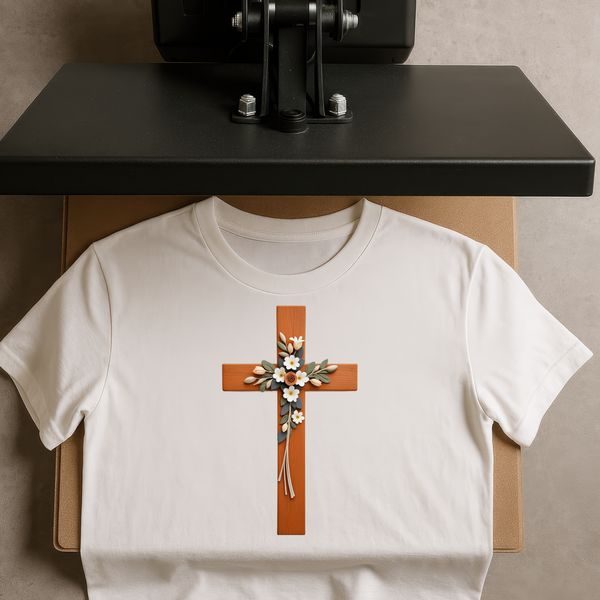 A transparent PNG image of a simple religious cross with a floral design on the front.