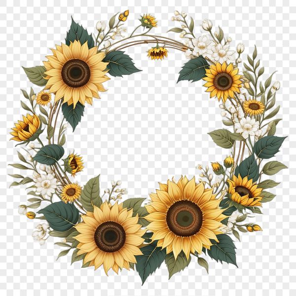 A high-resolution floral wreath with sunflowers and greenery, suitable for commercial use or personal projects.