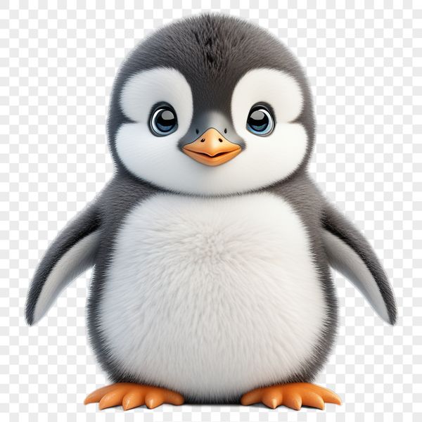 A small, fluffy baby penguin standing on the ground with its wings folded.