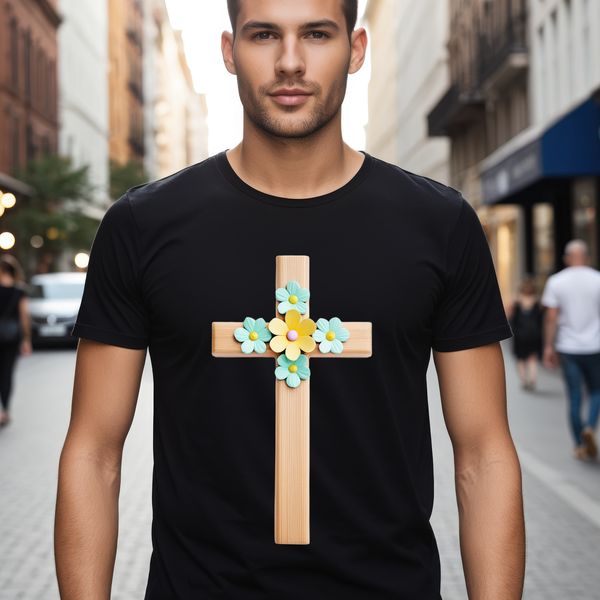 Simple Silver Crucifix with Floral Patterns A clear white background features a simple silver-colored crucifix with intricate floral patterns etched into the metal.