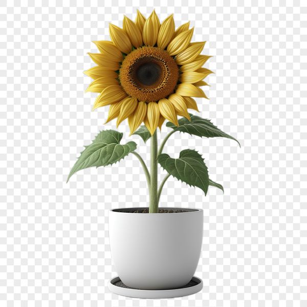 A bright yellow sunflower with large petals and a dark center, growing in a white flower pot.