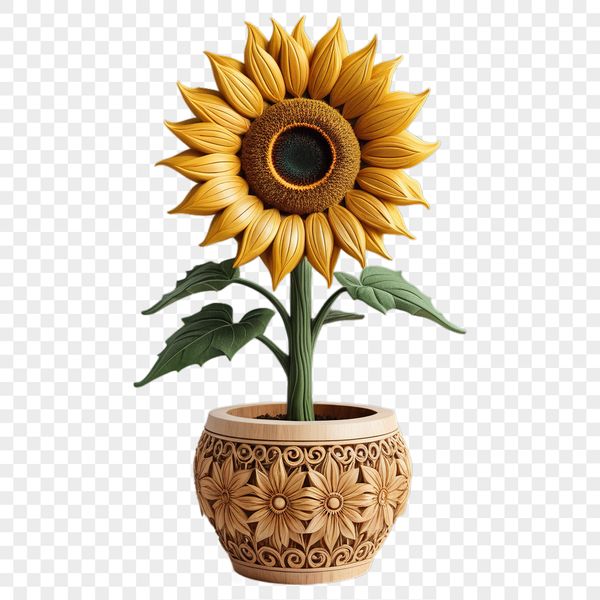 A high resolution PNG image of a single sunflower in a flower pot with a clear background.