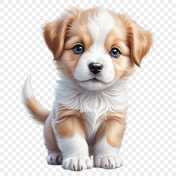 Fluffy Puppy Portrait on Clear Background A small dog with a fluffy coat and big brown eyes, sitting on a neutral background.