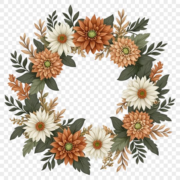 A floral wreath made from various flowers in a circular shape with a clear background.