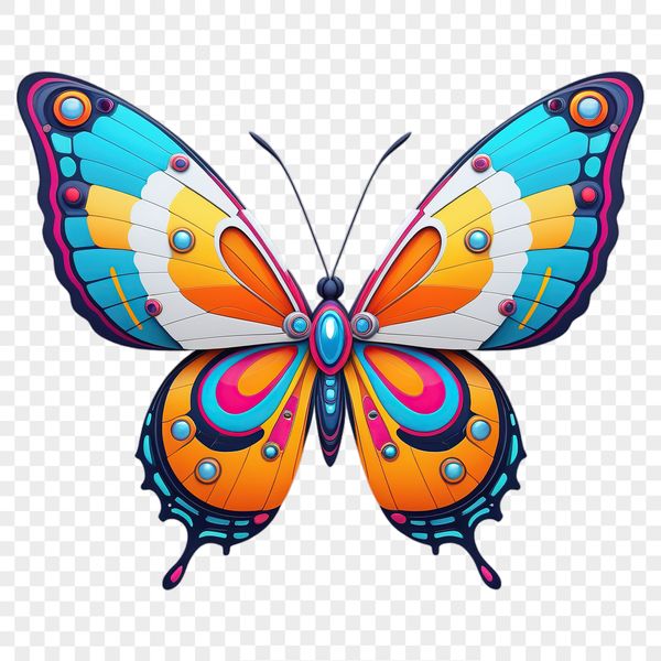 A colorful butterfly with intricate details against a transparent background.