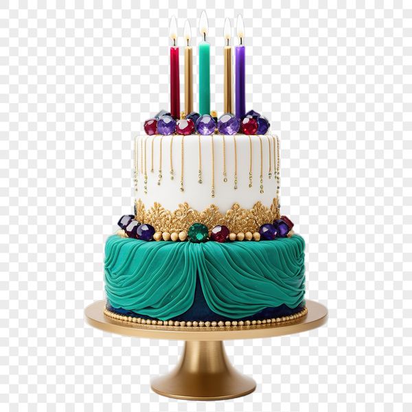 Happy Birthday Cakes to Print A brightly colored birthday cake with candles on top, designed for commercial or personal use.