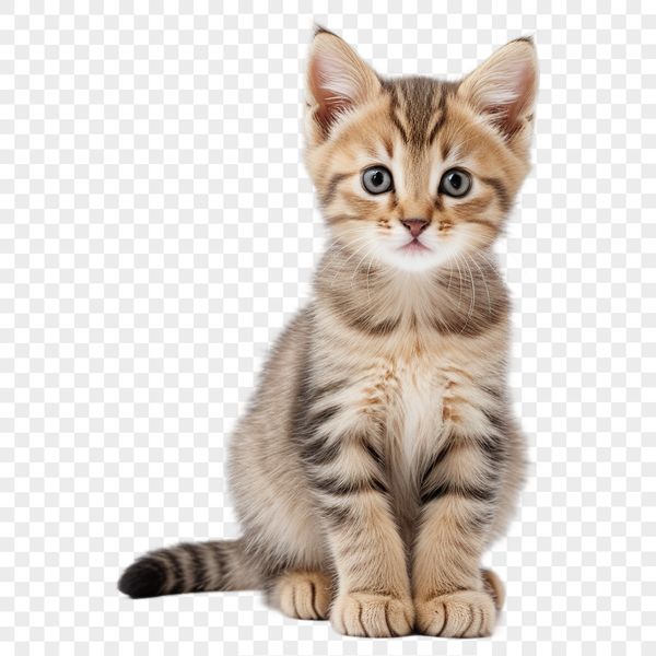A small domestic cat with fluffy fur and bright eyes on a clear transparent background.