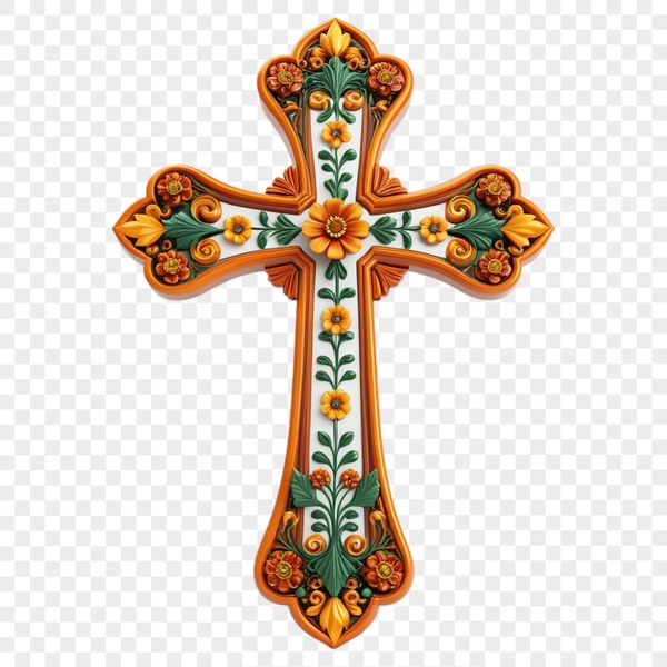 A high-resolution transparent image of a simple cross with floral motifs, suitable for commercial and personal use.