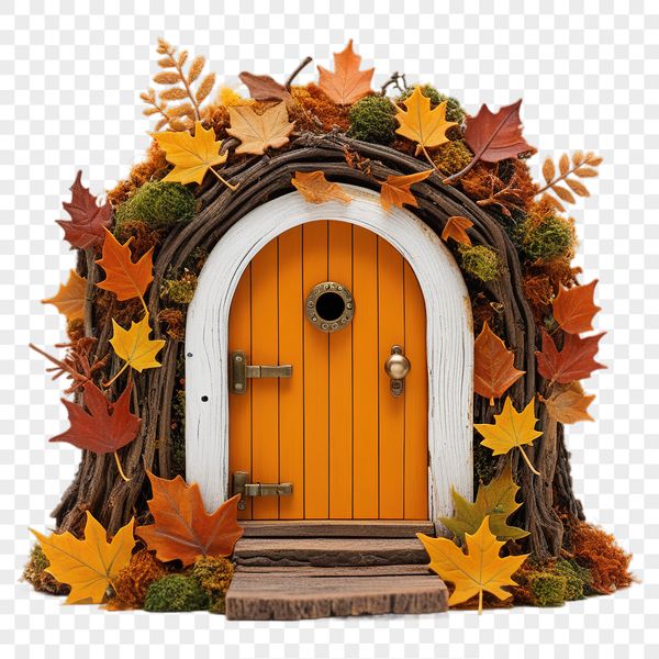 A small wooden door with intricate details, set against a transparent background.