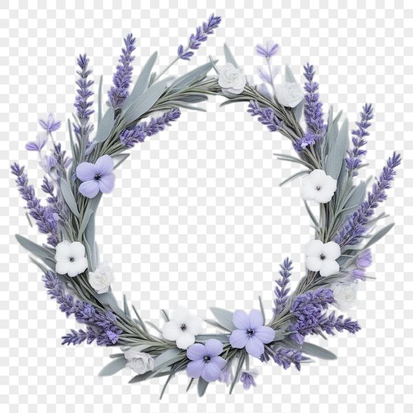 A floral wreath with flowers arranged in a circular pattern on a transparent background.