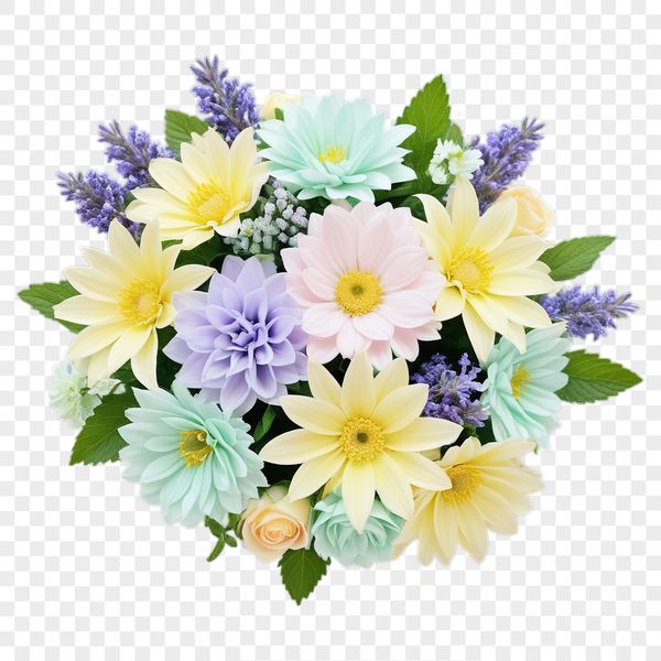 A colorful arrangement of flowers in a vase on a white background.