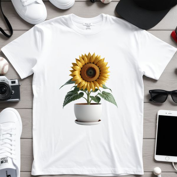 Bright Yellow Beauty with Dark Center A large, bright yellow sunflower with dark center, placed in a plain flower pot on a clear background.