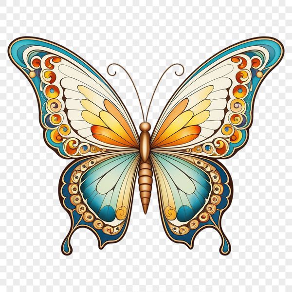 A colorful butterfly with intricate patterns and details on a transparent background.