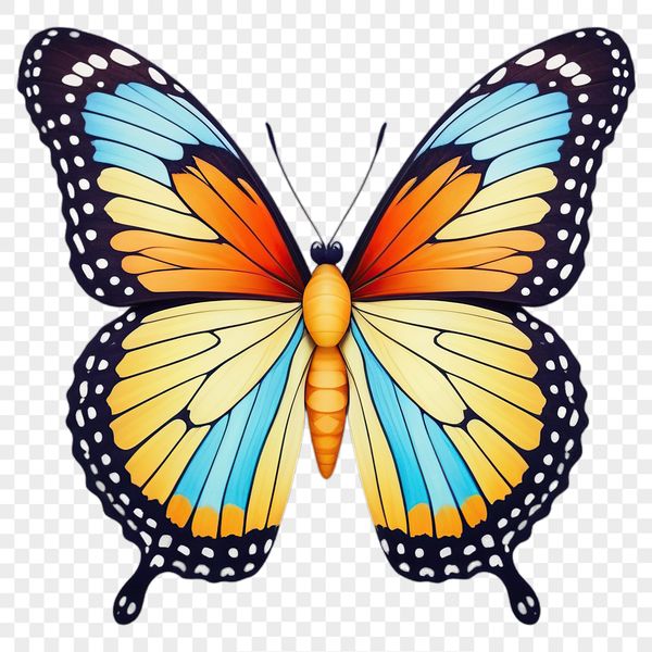 A colorful insect with delicate wings, against a clear transparent background.