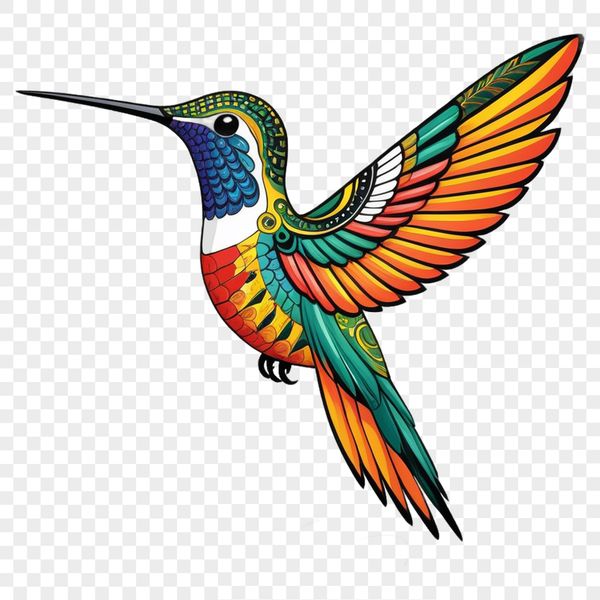 A small, iridescent bird perched on a branch with its beak extended, surrounded by a transparent background.