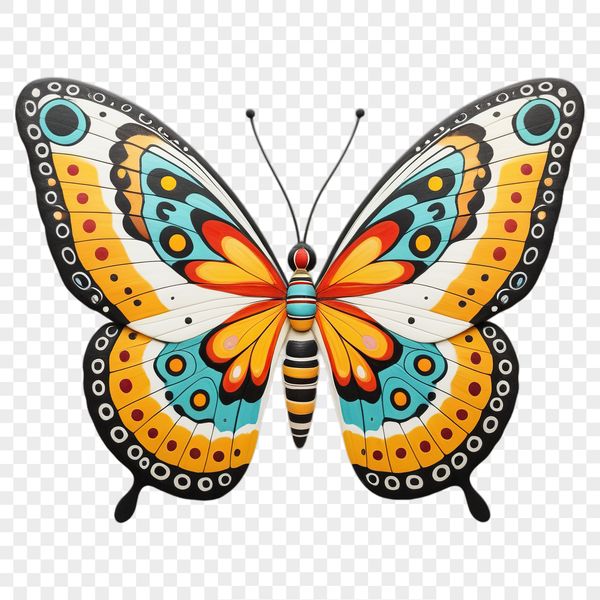 A high-resolution transparent image of a colorful butterfly with intricate details.
