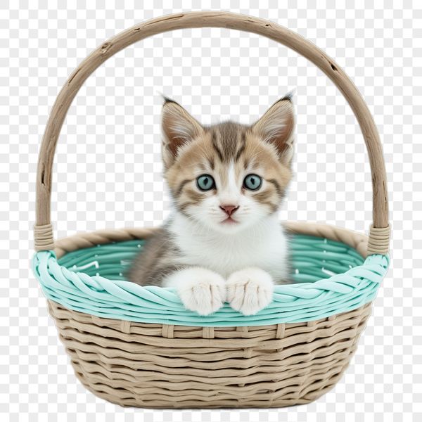 A high-resolution transparent png image of a kitten sitting in a basket.